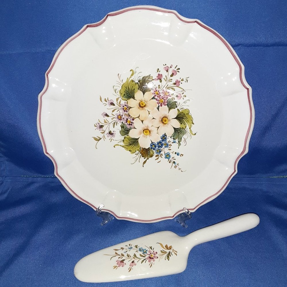 Vintage 13 Inch Italian Hand Painted Cake Plate Pie Plate  Set With server